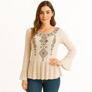 NEW POL Small Blouse Crinkled Cotton Blend Peplum Embroidered Aztec Design BOHO